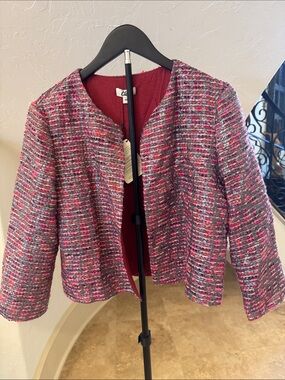 Textured Pink Red Metallic Gray Tweed Open-Front Jacket